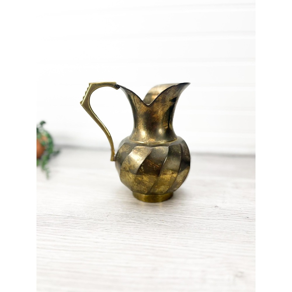 Solid Brass Pitcher Vase with Handle - Scalloped Edge